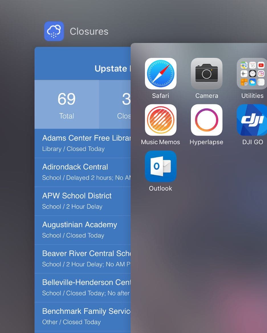 An early Closures app for iPhone in the iOS app switcher, showing 69 closings and delays, starting with Adams Center Free Library, Adirondack Central and APW School District.