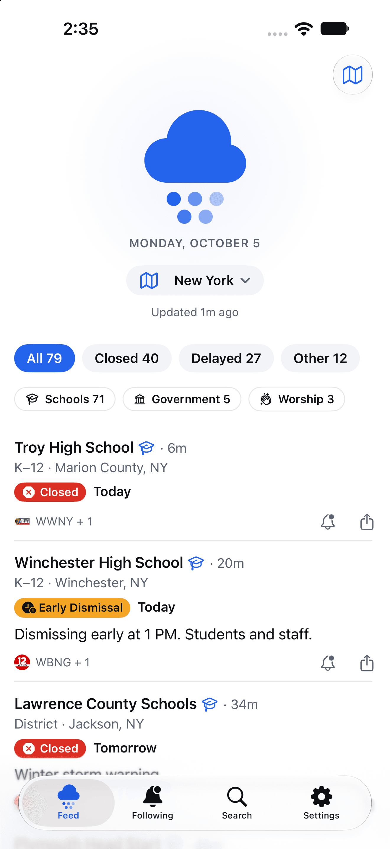 The Closures feed with closings and delays near you