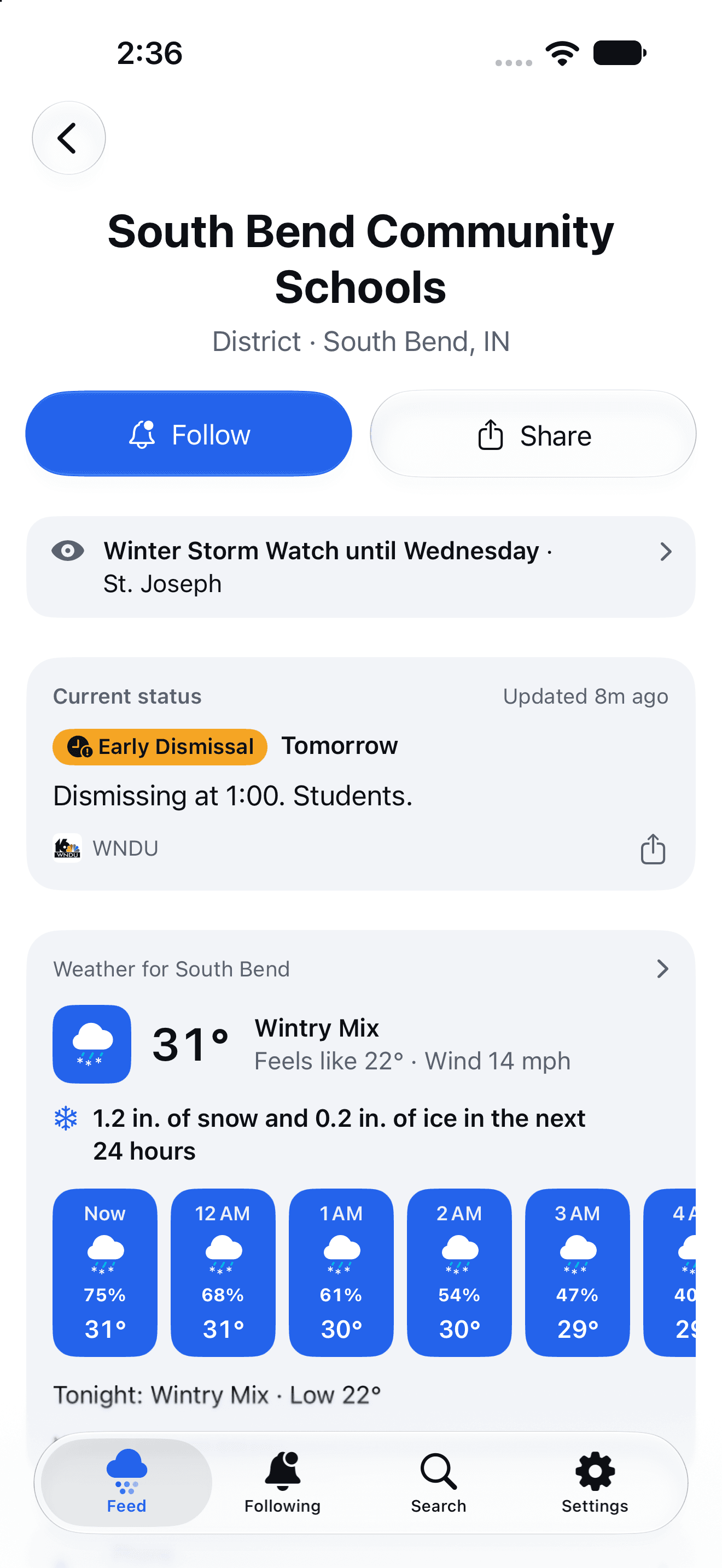 An organization page with its current status and weather