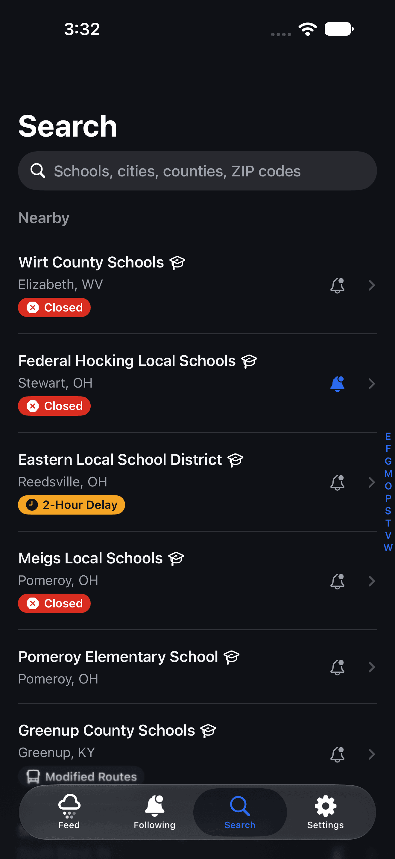 Search in dark mode, with nearby schools and their current status