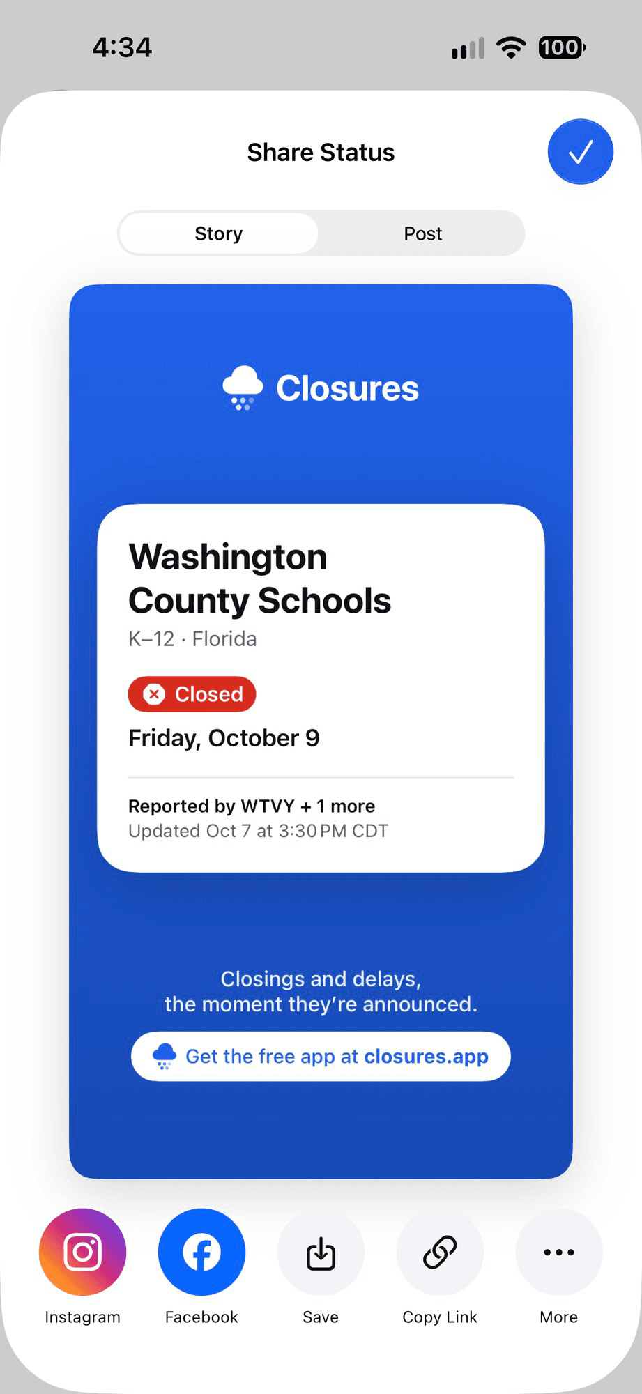 Share Status with a Story card saying Washington County Schools is closed Friday, October 9, reported by WTVY, and buttons for Instagram, Facebook, Save, Copy Link and More