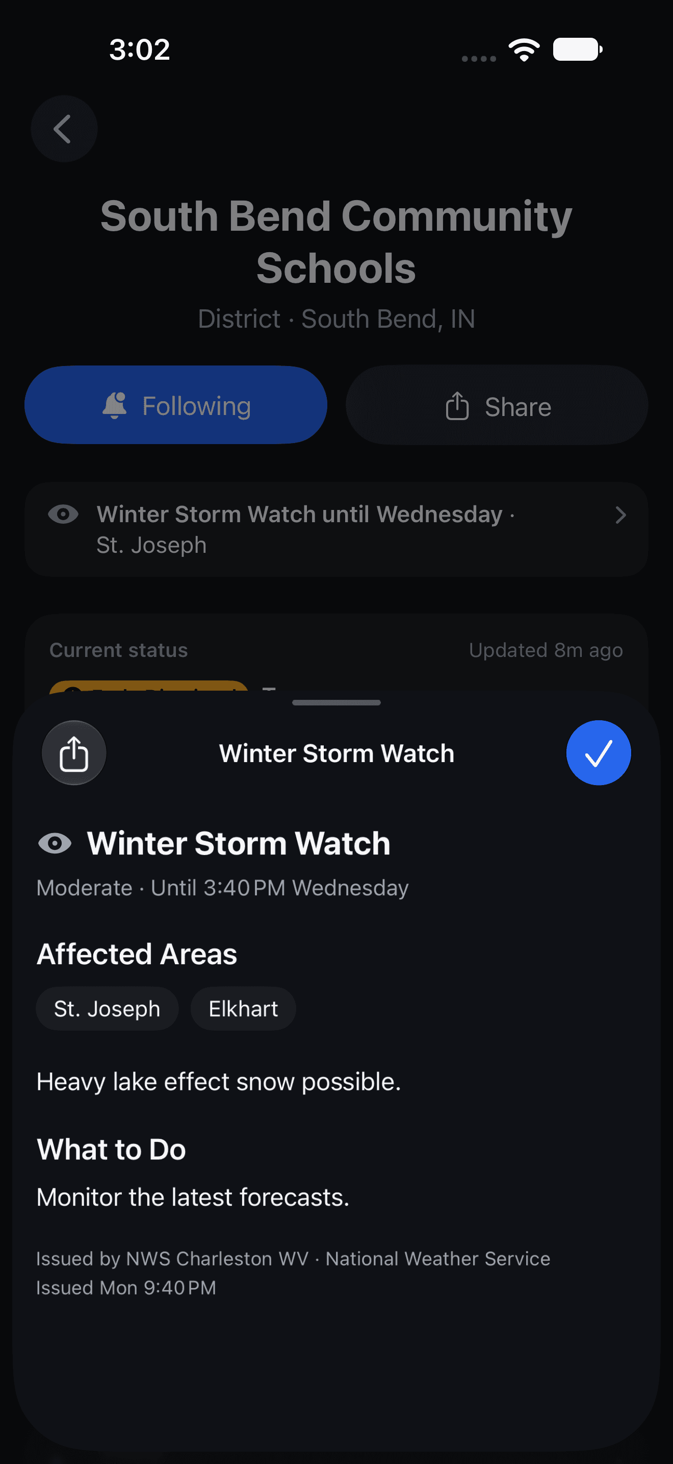 A Winter Storm Watch in dark mode, with its affected areas and what to do